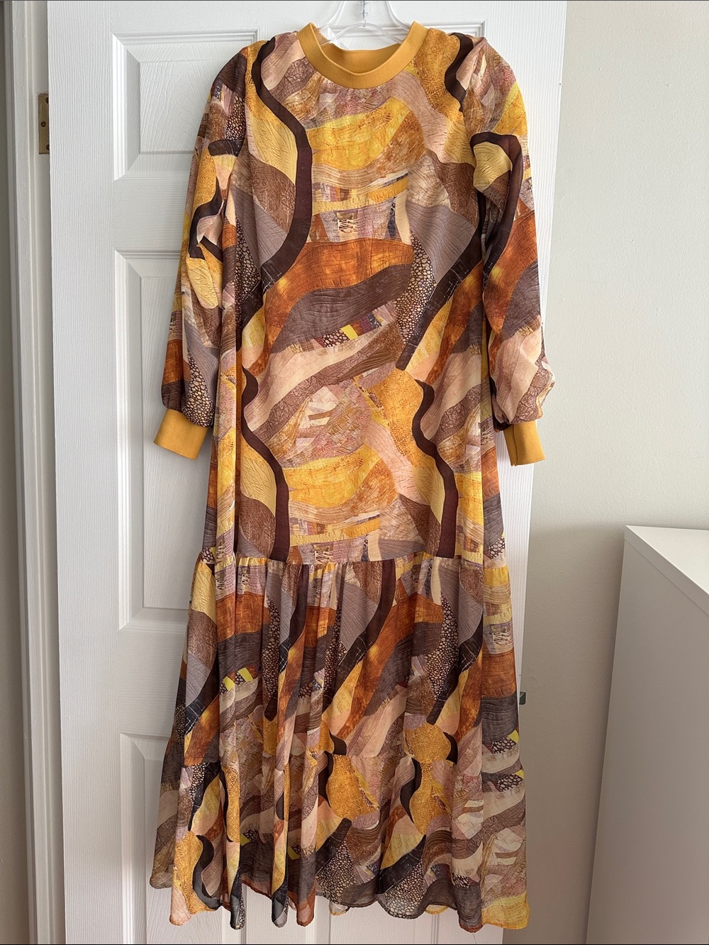 Abstract Print Long Sleeve Midi Dress in Mustard and Brown